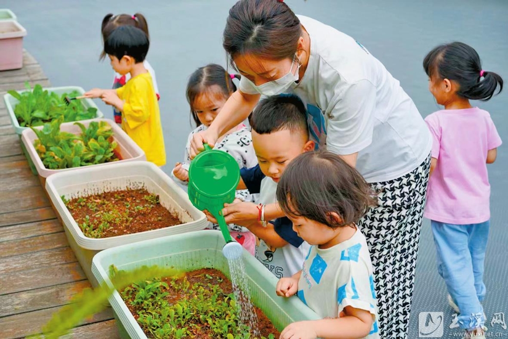 孩子们在老师的带领下纷纷变身“小农夫”，热心地给植物除草、松土、浇水。